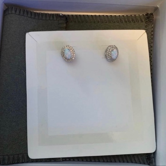 Lab-Created Opal & Lab-Create White Sapphire Double Halo Sterling Silver Studs - Picture 2 of 3